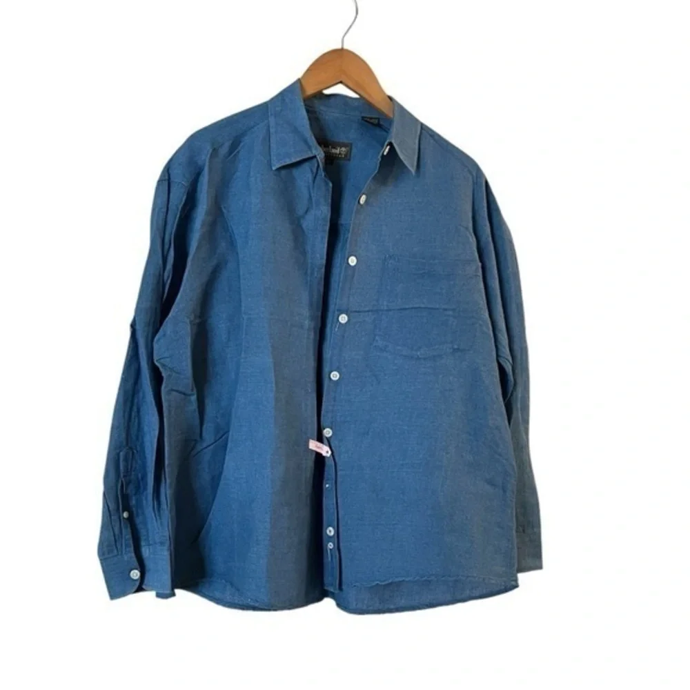 Timberland Weathergear Blue Linen / Cotton Long Sleeve Button Down Shirt